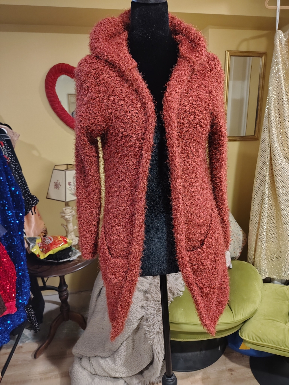 Women's Rust Open-Front Hooded Fuzzy Cardigan